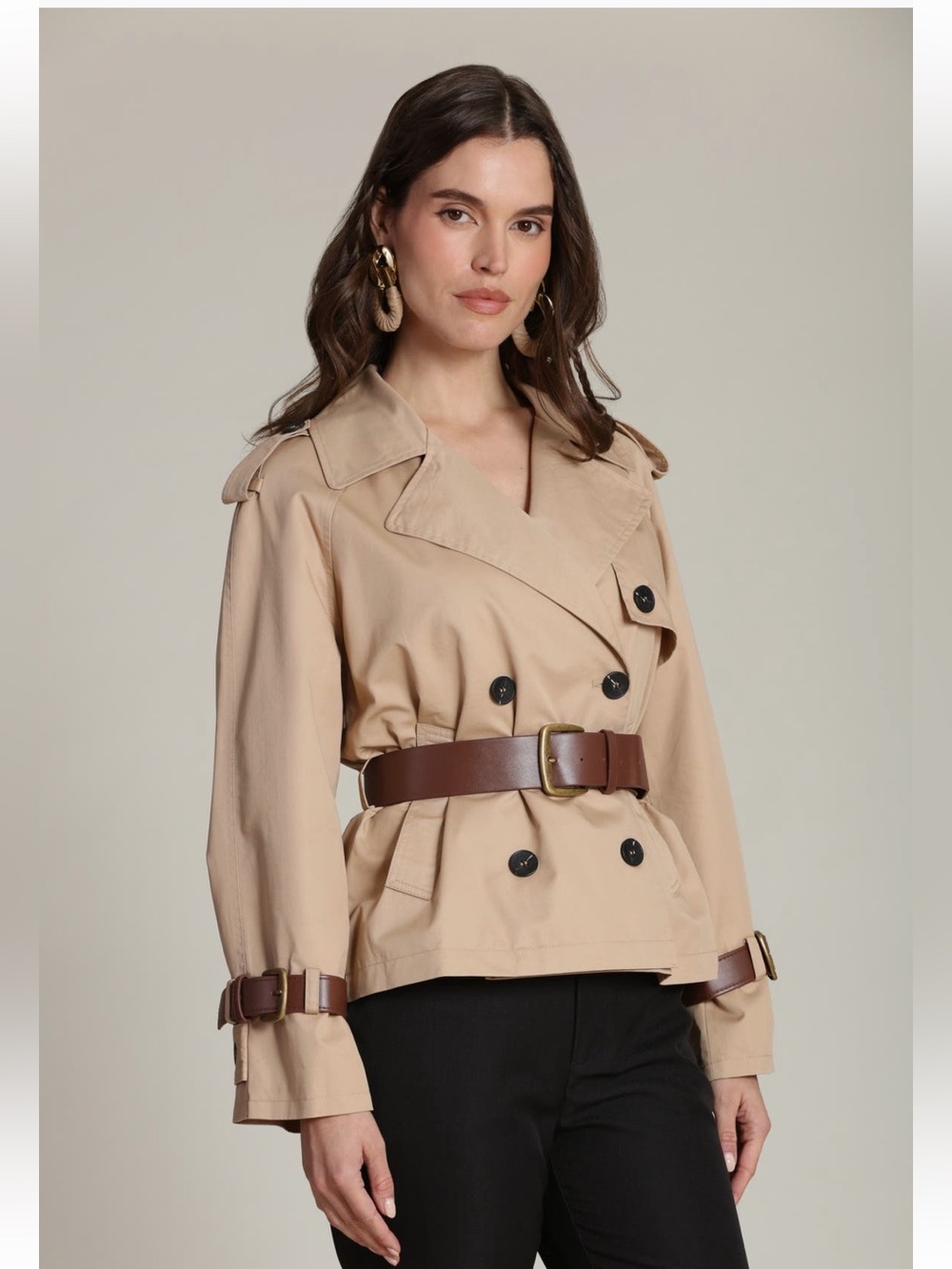 Avec Les Filles Short Trench Jacket with Faux Leather Belt Size Small in Camel